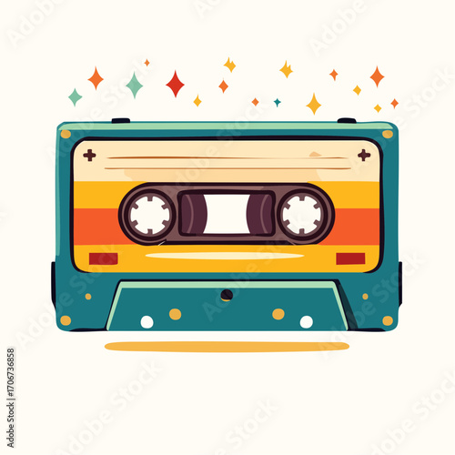 Colorful retro mixtape cassette illustration with a fun doodle aesthetic and sparkling details, perfect for 80s and 90s nostalgia themes