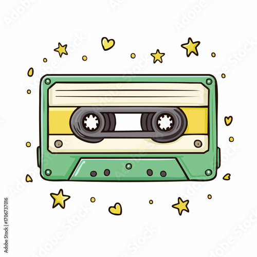 Charming retro audio cassette tape illustration with a nostalgic 80s and 90s aesthetic, hand-drawn doodle style with stars and hearts