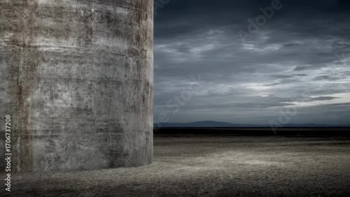 Closeup medium shot of a concrete silo for petroleum storage highlighting the weathered texture with the blurred sky and ground creating depth.