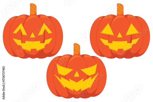 Cartoon illustration of Halloween pumpkin set featuring carved jack o lantern faces with spooky expressions ideal for seasonal holiday decor party invitations and festive designs
