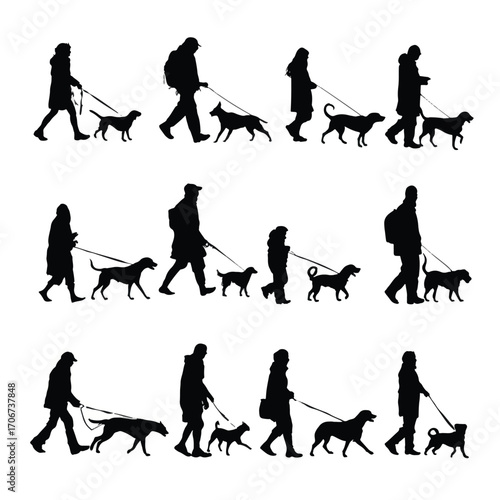 Collection of dog walking silhouettes in various poses isolated on white background