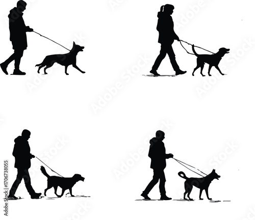 Collection of dog walking silhouettes isolated on white background