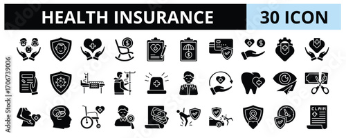 30 Health Insurance Glyph Icons Vector - Payment Insurance, Preventive Care, Hospitalization Coverage, Emergency Coverage, Vision Coverage, Health Policy