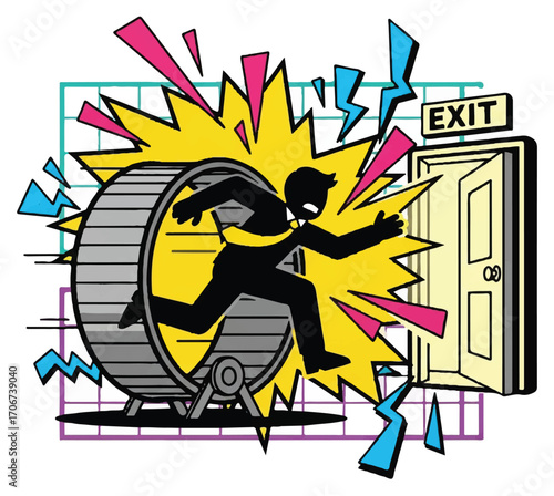 A stressed person in a suit runs frantically inside a hamster wheel, surrounded by energetic bursts, while an exit door beckons.