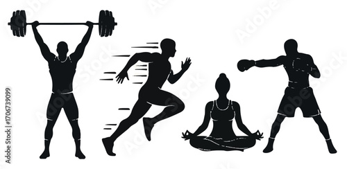 Silhouette illustrations of various fitness activities, including weightlifting, running, yoga, and boxing.