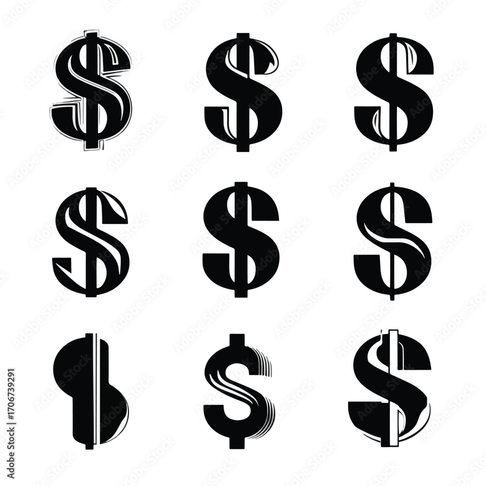 Collection of dollar sign silhouettes in black and white isolated on white background Collection of dollar sign silhouettes in black and white isolated on white background