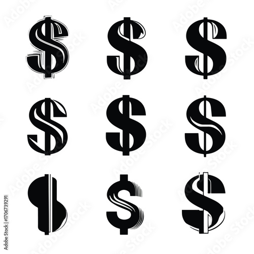 Collection of dollar sign silhouettes in black and white isolated on white background