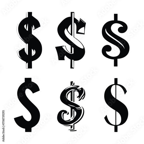 Collection of dollar sign silhouettes on white background isolated on white background