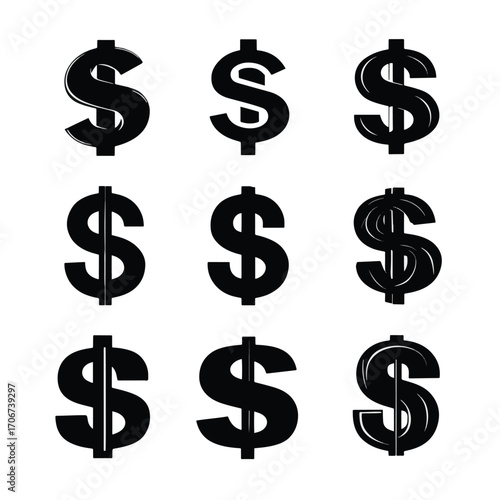 Collection of dollar sign silhouettes isolated on white background