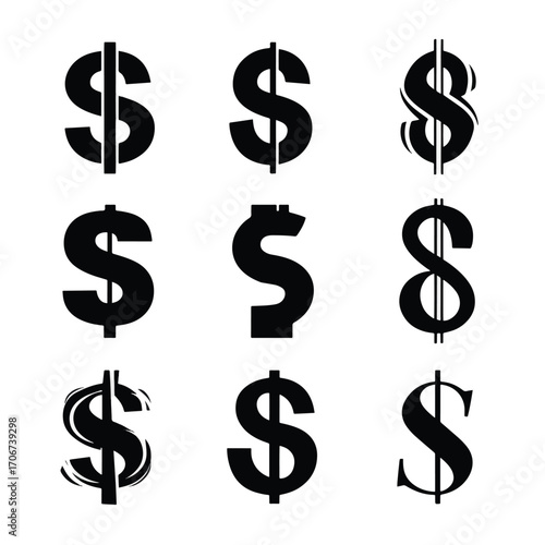 Collection of black and white dollar sign silhouettes isolated on white background