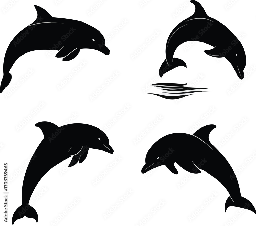 Fototapeta premium Collection of diverse dolphin jumping silhouettes isolated on white background