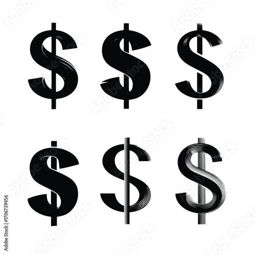 Collection of dollar sign silhouettes isolated on white background