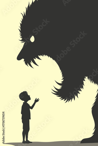Child Facing Monster Shadow – Fear, Trauma and Psychological Concept Vector Illustration