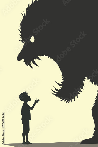 Child Facing Monster Shadow – Fear, Trauma and Psychological Concept Vector Illustration