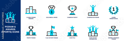 Podium & Awards (Sports) Blue Colored Outline Icon Set