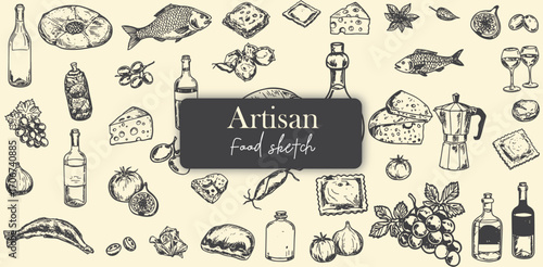 Artisan Food Illustration Rustic Sketch of Wine Cheese Fish Pasta Italian Cuisine Gourmet Ingredients and Hand Drawn