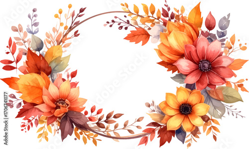 Rustic fall floral wreath design. Seasonal floral wreath with blooms. Autumn wreath with vibrant flower. Rich autumn leaf and flower circle. Bright sunflower wreath design. Warm floral wreath for fall