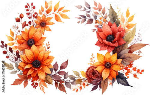 Autumn floral wreath for decor. Warm fall flowers arrangement. Elegant autumn florals design. Vibrant seasonal flower wreath. Fall flower circle for cards. Fall wreath with sunflowers