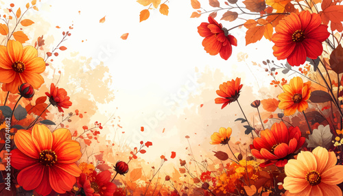 Colorful autumn flowers for wall art. Lively fall floral arrangement artwork. Richly colored fall flowers for design. Autumn floral border in vivid hues. Vibrant fall flowers for seasonal decor