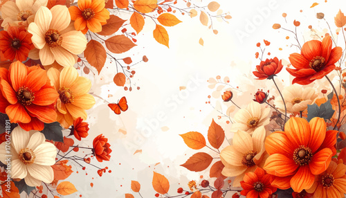Soft pastel autumn floral art. Warm toned flowers for fall decoration. Gentle bouquet with autumn colors. Fall floral border for elegant designs. Romantic autumn flower artwork
