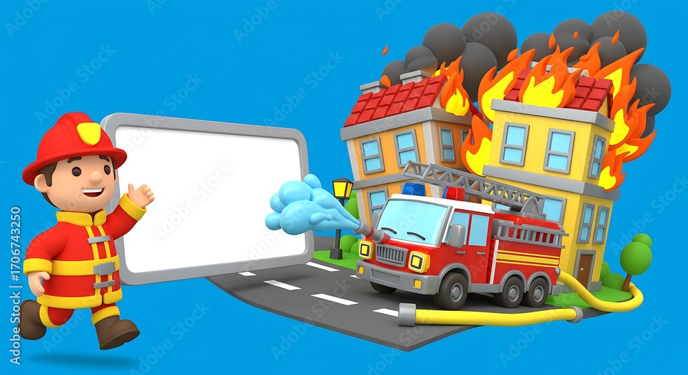 Naklejka premium 3d cartoon illustration, emergency response and firefighting. ,isolated on bright background