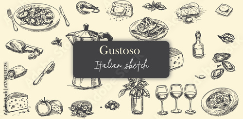 Gustoso Italian Food Art Vintage Pasta Sketch Design Culinary Ingredients Traditional Cuisine Italian Food Kitchen