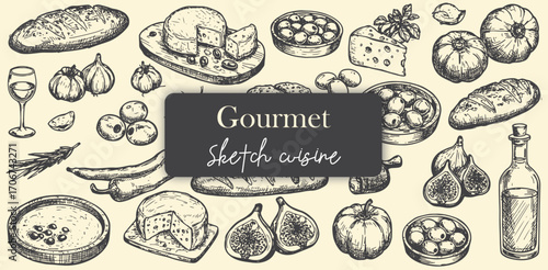 Gourmet Food Sketch Bread Cheese Olives Figs Wine Olive Oil and More Hand Drawn Cuisine Vector Illustration Culinary Art