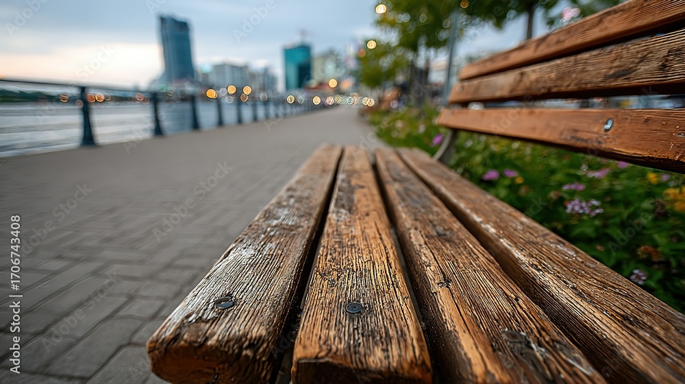 Fototapeta premium Wooden bench on a waterfront promenade with city buildings in the background.