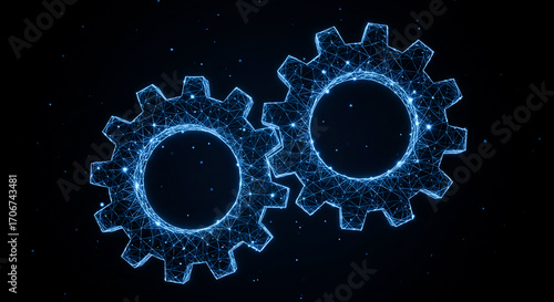 Two interconnected gears made of glowing blue lines against a dark digital background