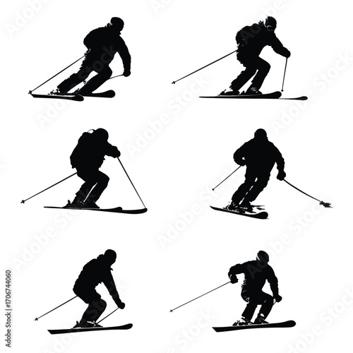 Dynamic downhill skiing silhouette set isolated on white background