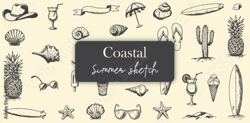Coastal Summer Sketches Beach Life Surfboards Seashells Cocktails and Sunshine Hand Drawn Holiday Icons Seaside Vacation
