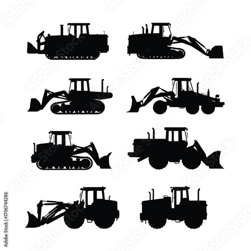 Collection of heavy construction dozer silhouettes isolated on white background