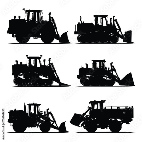 Set of black and white dozer silhouettes isolated on white background