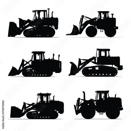 Collection of heavy construction dozer silhouettes isolated on white background