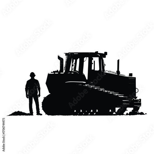Collection of black and white dozer silhouettes isolated on white background