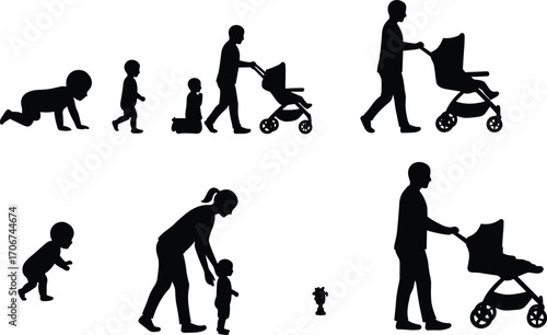 Child Growth and Parenting Silhouettes with Strollers – Baby Crawling, Standing, Walking Vector Illustration Showing Early Childhood Development Stages