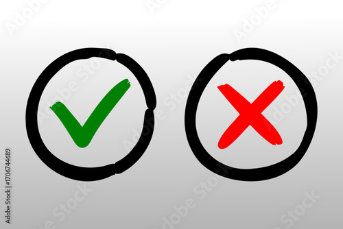 Hand-drawn check mark and cross sign vector set for correct and incorrect icons