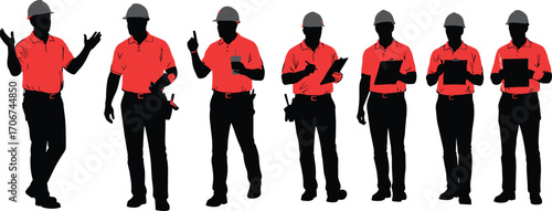Construction Workers Silhouettes Wearing Hard Hats and Safety Uniforms Holding Tools, Clipboards, Tablets, and Communicating on Site