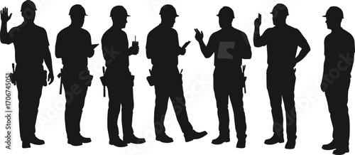 Construction Workers Silhouettes with Hard Hats Holding Tools, Clipboards, Smartphones, Communicating, Inspecting, and Working on Job Site Outdoors