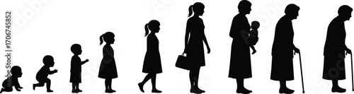 Female Life Stages Silhouette Vector Showing Growth from Baby to Elderly Woman with Cane – Human Aging Process Illustration