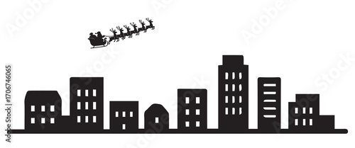 A clean vector design of Santa Claus silhouette flying reindeer sleigh over town skyline, drawn in black and white with solid black outline.