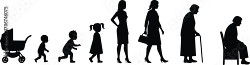 Female Life Stages from Baby to Elderly Woman Showing Human Growth, Aging Process, Development Timeline, and Generational Evolution in Silhouette
