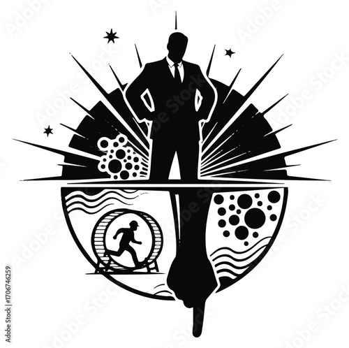 A powerful businessman controls a worker running in a hamster wheel, symbolizing the corporate rat race and hierarchy.