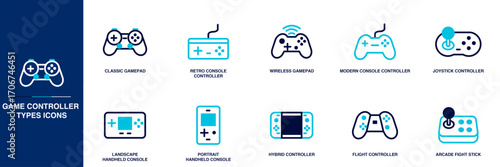 Game Controller Types Blue Colored Outline Icon Set