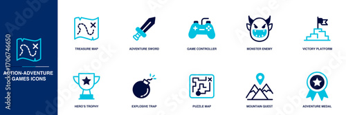 Action-Adventure Games Blue Colored Outline Icon Set