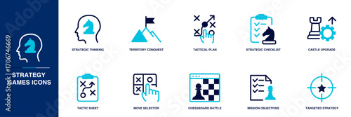 Strategy Games Blue Colored Outline Icon Set