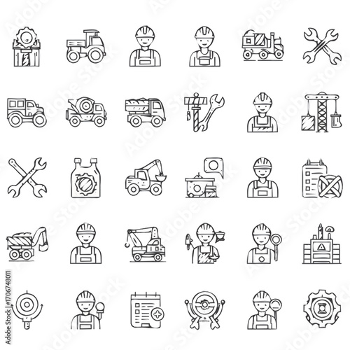 A collection of hand-drawn line art icons representing construction, industry, and heavy machinery.
