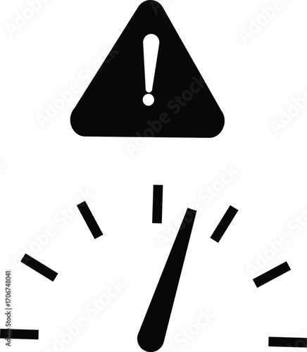 Exclamation warning sign with speedometer icon, performance risk alert, pressure hazard caution, danger speed control symbol transparent background
