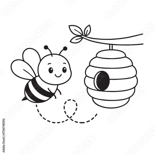 A clean vector image of a bee near its hive, created in black and white with solid black outline, perfect for creative presentations.