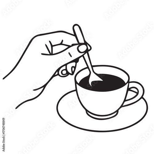 A minimalist vector artwork showing hand mixing sugar inside tea cup, rendered in monochrome with strong outline, ideal for culinary posters, icons, or decorative projects.